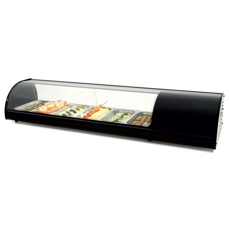 Vitrina refrigerada de tapas 8 bandejas GN1/3-40 color negro dim.1808x390x287h mm línea Badajoz 8VTG-NE Vitrina refrigerada de tapas 8 bandejas GN1/3-40 color negro dim.1808x390x287h mm línea Badajoz 8VTG-NE