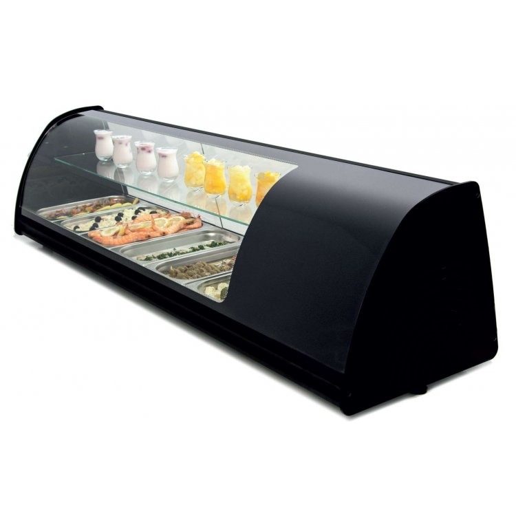 Vitrina refrigerada de tapas doble piso 8 bandejas GN1/3-40 color negro dim.1808x390x360h mm línea Badajoz 8VTG DOBLE-NE Vitrina refrigerada de tapas doble piso 8 bandejas GN1/3-40 color negro dim.1808x390x360h mm línea Badajoz 8VTG DOBLE-NE