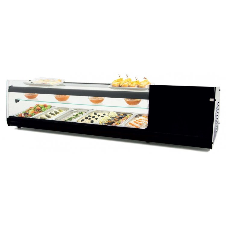 Vitrina refrigerada de tapas triple piso 6 bandejas GN1/3-40 color negro dim.1456x390x376h mm línea Badajoz 6VTG TRIPLE-NE Vitrina refrigerada de tapas triple piso 6 bandejas GN1/3-40 color negro dim.1456x390x376h mm línea Badajoz 6VTG TRIPLE-NE