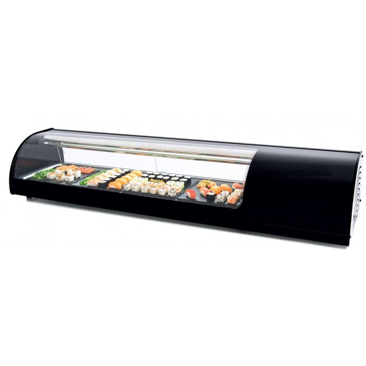 Vitrina refrigerada de tapas Sushi placa lisa color negro dim.1456x390x287h mm línea Badajoz 6VTL SUSHI-NE Vitrina refrigerada de tapas Sushi placa lisa color negro dim.1456x390x287h mm línea Badajoz 6VTL SUSHI-NE