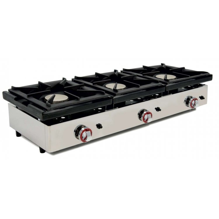 Cocina a Gas Sobremesa 3 fuego de 6+6+6 Kw dim.1210x457x240h mm línea Badajoz 120CG Cocina a Gas Sobremesa 3 fuego de 6+6+6 Kw dim.1210x457x240h mm línea Badajoz 120CG