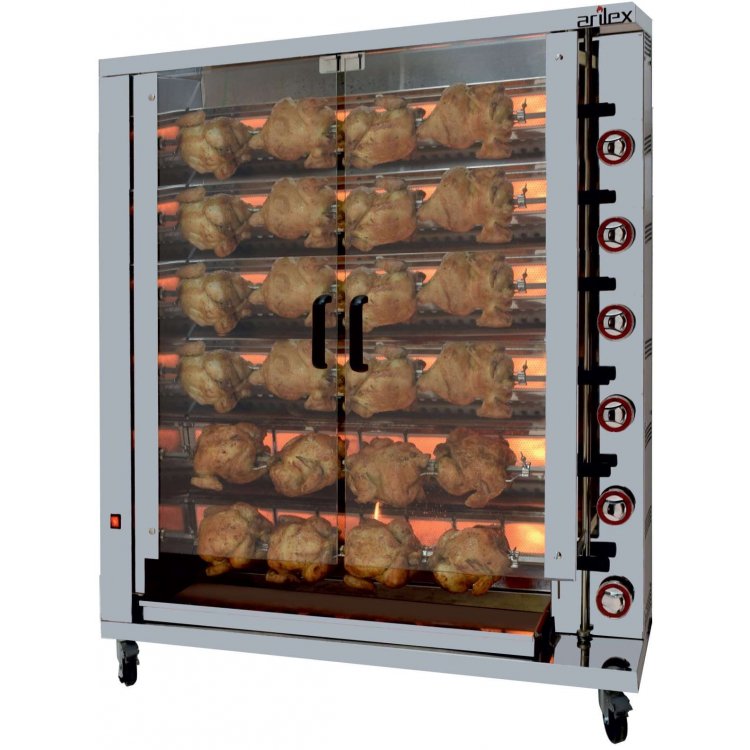 Asador de Pollos a Gas dim.1160x450x1290h mm 6 espadas Línea Badajoz 6ASG (espadas no incluidas)