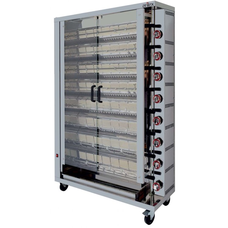 Asador de Pollos a Gas dim.1160x450x1650h mm 8 espadas Línea Badajoz 8ASG (espadas no incluidas)