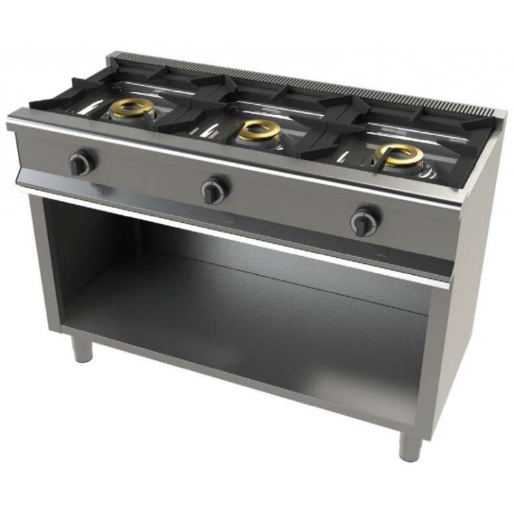 Cocina a gas con mueble de 3 fuegos 8+8+8 Kw SerIe 550 JUNEX con medidas 1200x550x850h mm 6300/1