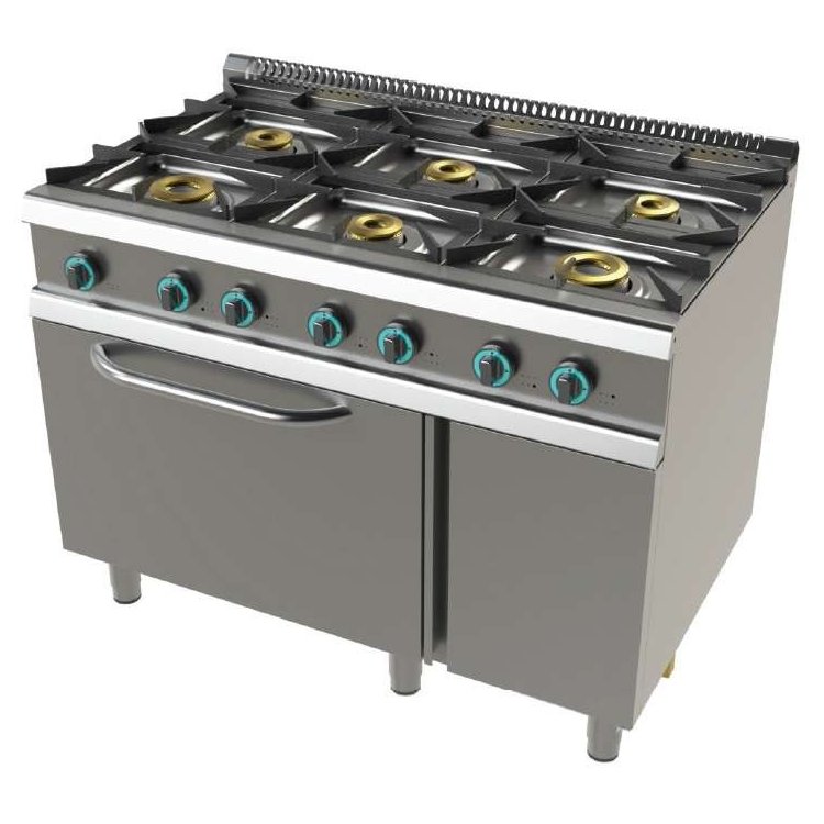 Cocina a gas con horno GN2/1 de 6 fuegos 2x8+4,5+3x6 Kw SerIe 700 JUNEX con medidas 1200x730x900h mm FO7N601