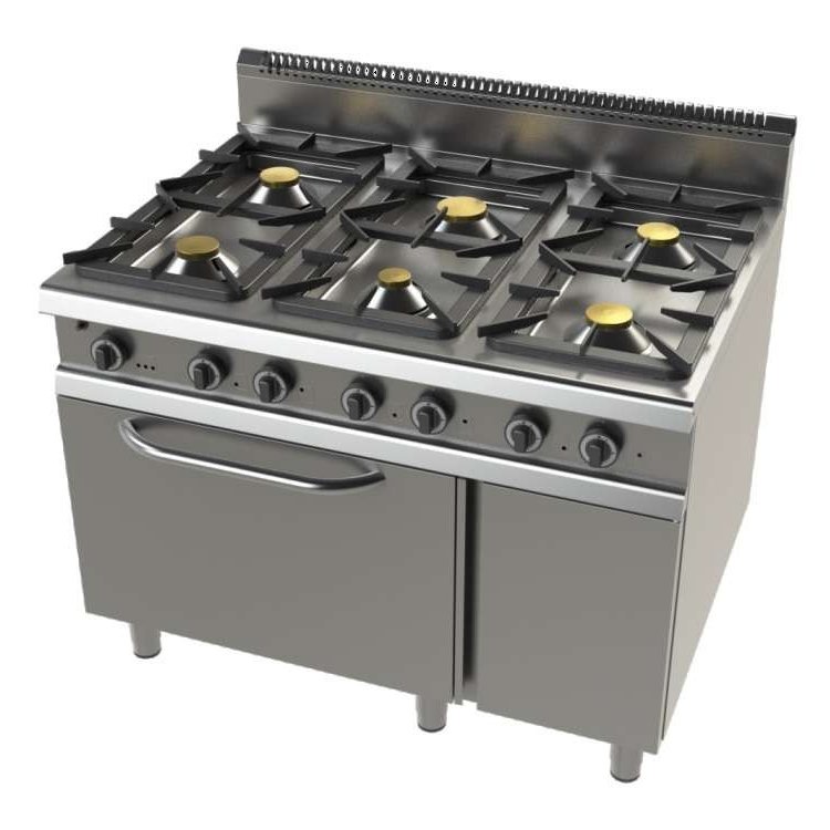 Cocina a gas con horno GN2/1 de 6 fuegos 2x8,3+4,3+2x10 Kw Serie 900 JUNEX con medidas 1200x900x900h mm F09C601