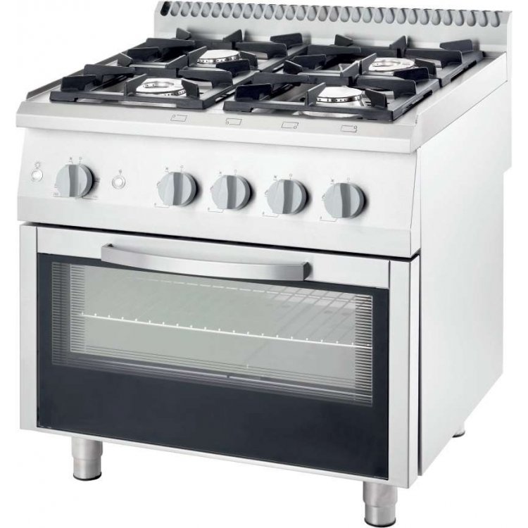 Cocina a gas con horno a gas GN2/1 4 fuegos 800x700x850h mm 3.5+5+2x7 Kw Línea Varsovia