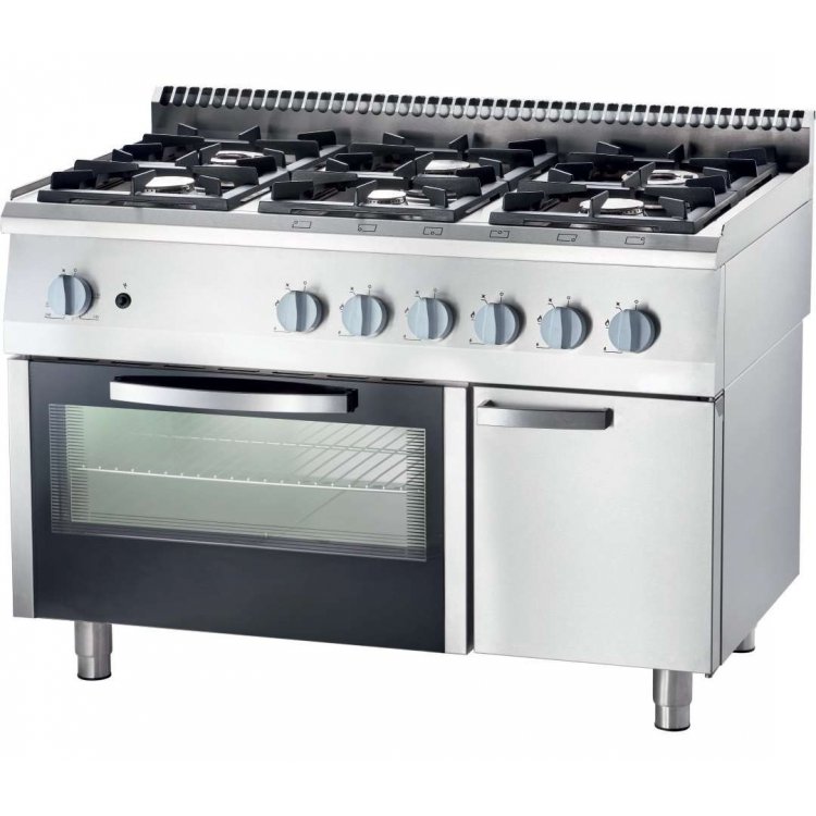 Cocina a gas con horno horno eléctrico convección GN1/1 6 fuegos 1200x700x850h mm 3,5+2x5+2x7+9 Kw Línea Varsovia