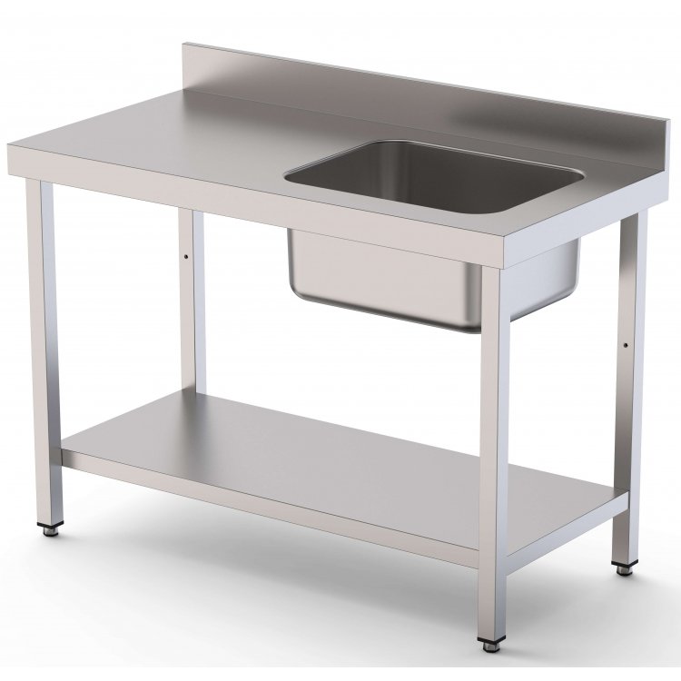Mesa de Trabajo Acero Inoxidable Mural Con Estante y Con Cubeta a la Derecha 1000x700x850h mm  WTW17010RB1