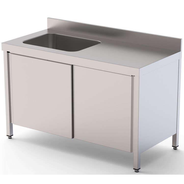 Mesa de Trabajo Acero Inoxidable Mural Con Puertas y Con Cubeta a la Izquierda 1200x700x850h mm WTW17012LBSD