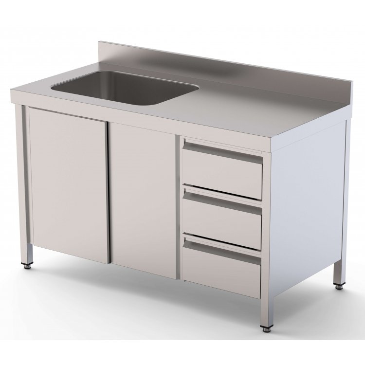 Mesa de Trabajo Acero Inoxidable Mural Con Puertas y Con Cubeta a la Izquierda y Cajones 1800x700x850h mm WTW17018LBSDDR