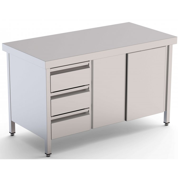 Mesa de Trabajo Acero Inoxidable Central Con Cajones a la Izquierda 1400x600x850h mm WTC16014DDL