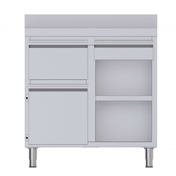 Mueble Cafetero Acero Inoxidable Con Tolva a la Izquierda, 1 Estante, 1 Puerta y 1 Cajón 1000x600x1050h mm CST60100D2SLB
