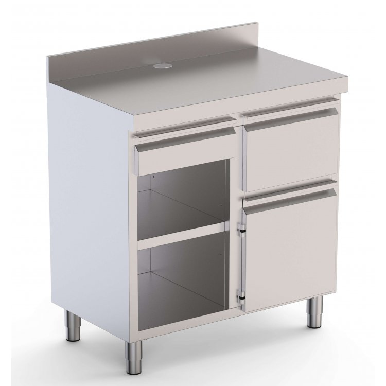 Mueble Cafetero Acero Inoxidable Con Tolva a la Derecha, 1 Estante, 1 Puerta y 1 Cajón 1000x600x1050h mm CST60100D2SRB