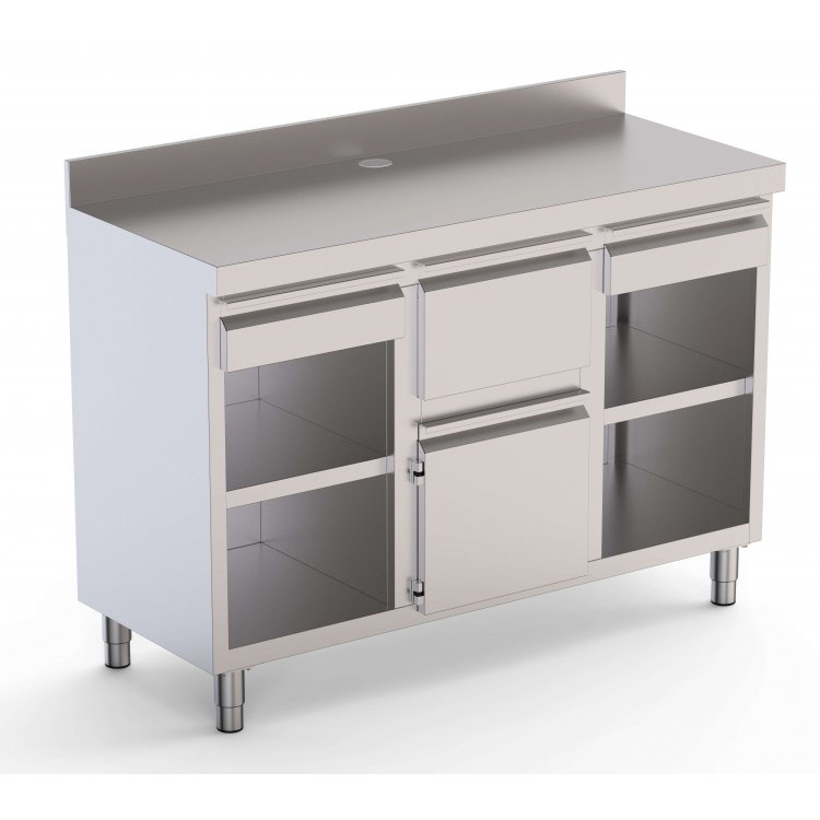 Mueble Cafetero Acero Inoxidable Con Tolva Central, 2 Estante, 1 Puerta y 2 Cajones 2500x600x1050h mm CST60250D2S